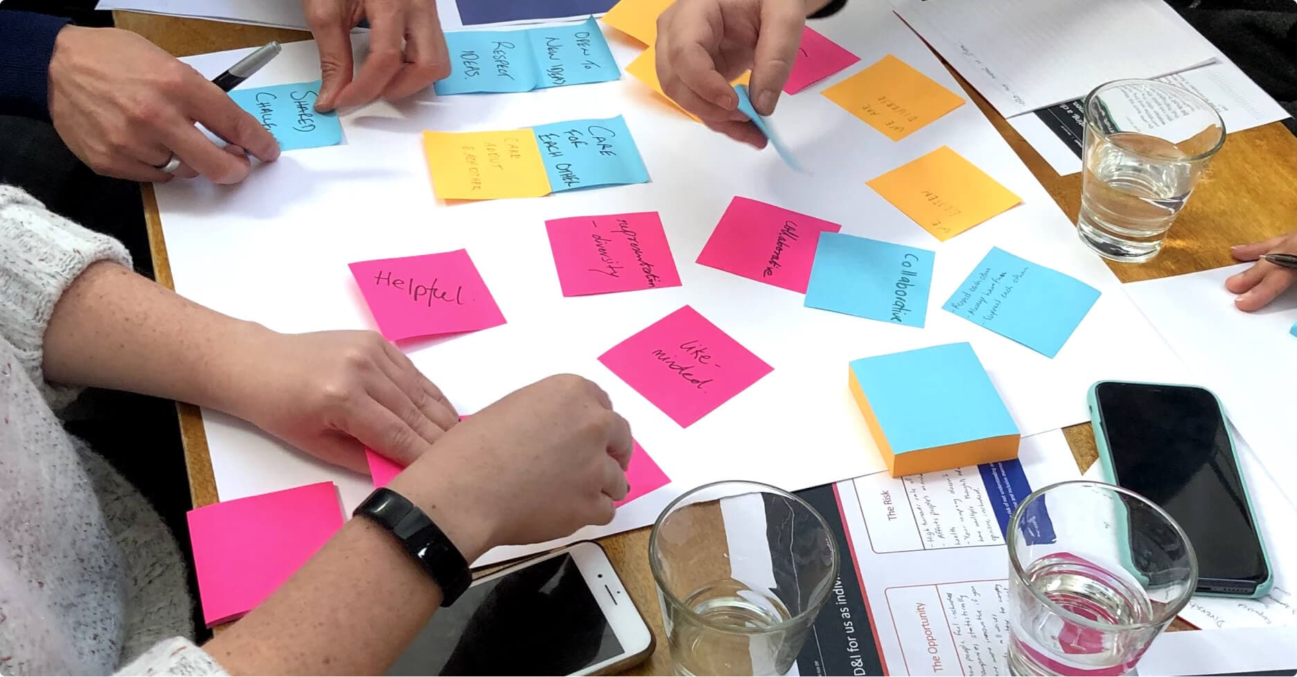 People place sticky notes on a table